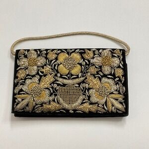Vtg MCM Womens Evening Bag Gold Zari Embroidery Rope beaded velvet 60s 70s India